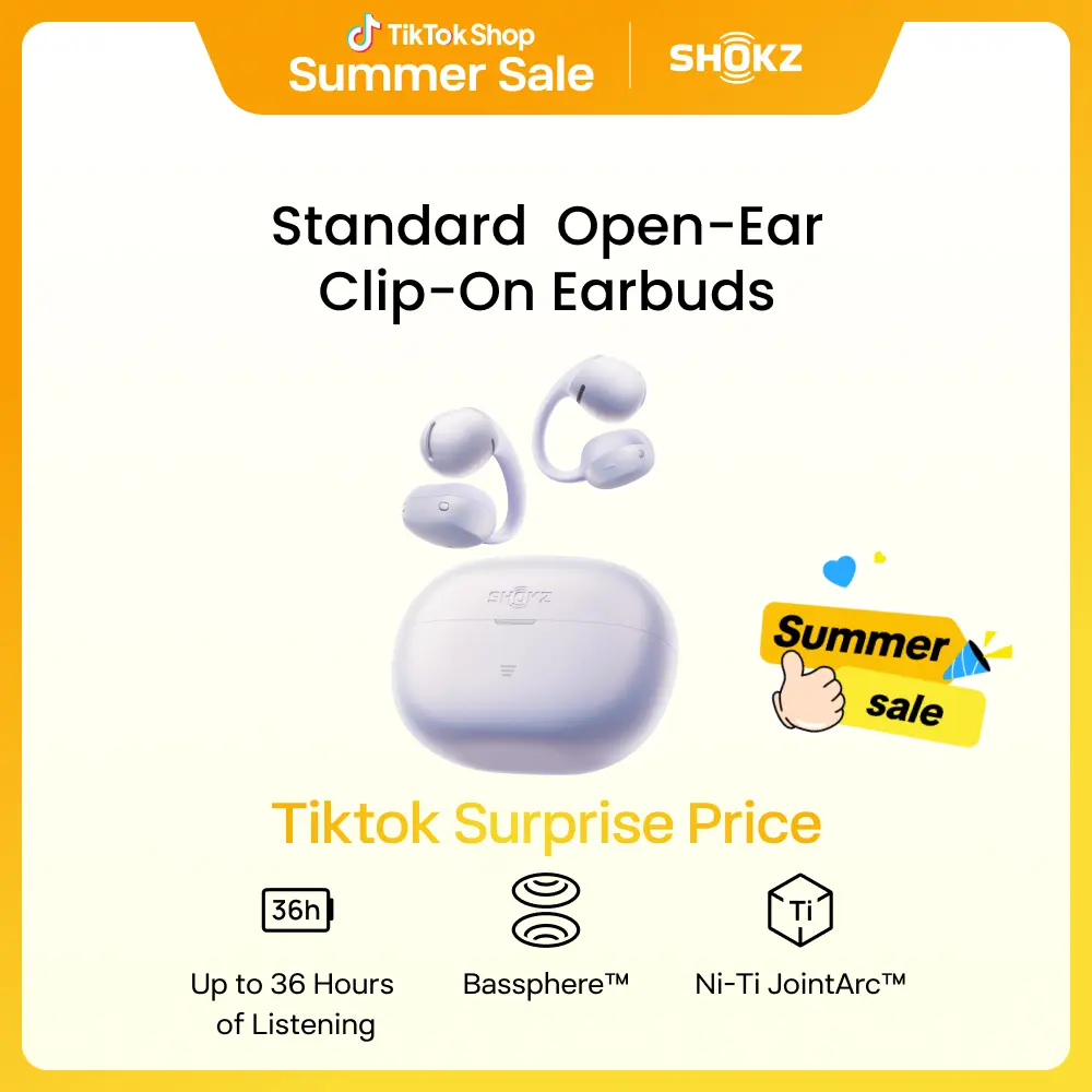 SHOKZ OpenDots Air - Open-Ear, Clip-On Earbuds - Bluetooth 6.1, Up to 36 Hours of Listening, Interchangeable Earbuds, Touch Controls, Dual AI Noise-Canceling Microphones, IP55, Bassphere Technology, DirectPitch Technology