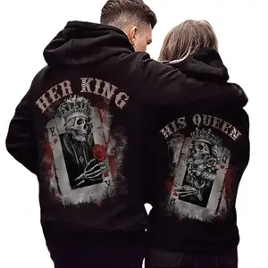 Her King His Queen Skeleton Poker Card Matching Couple Graphic Hoodie Fleece Fabric Casual Hooded Sweatshirt Trendy Tops Perfect Gift