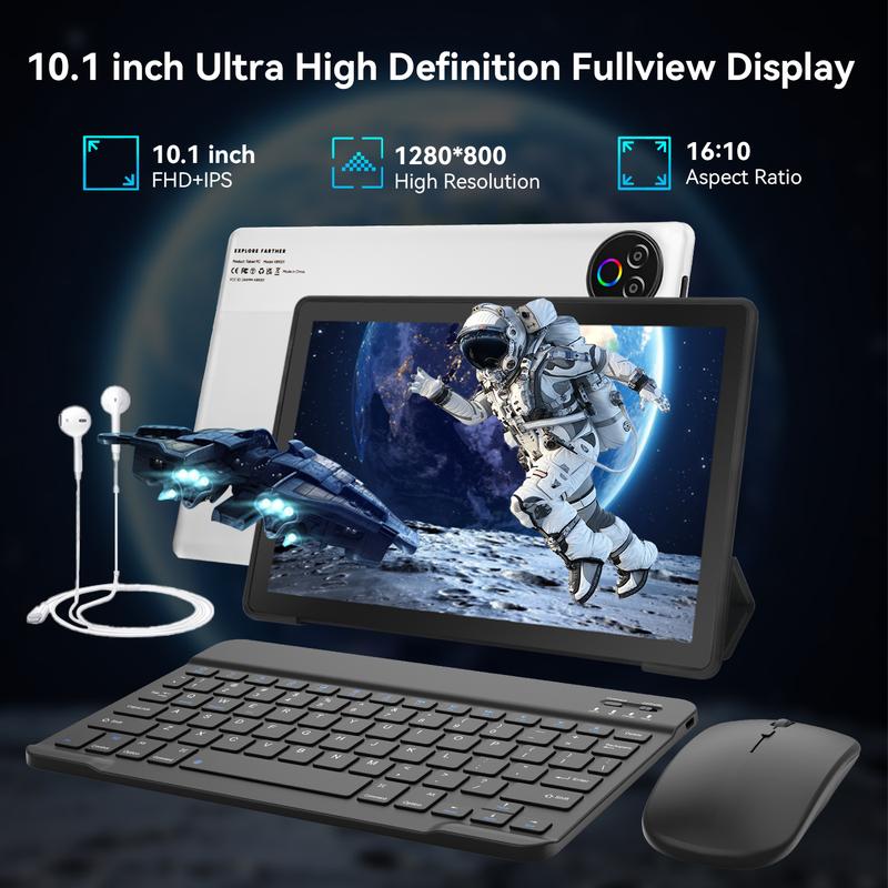 10.1-Inch 2-in-1 Tablet for Home & Daily Use, Android-Based System, 64GB Storage with TF Card Expansion, 1280×800 Display, Includes Keyboard, Mouse, Case, Stylus & Headphones
