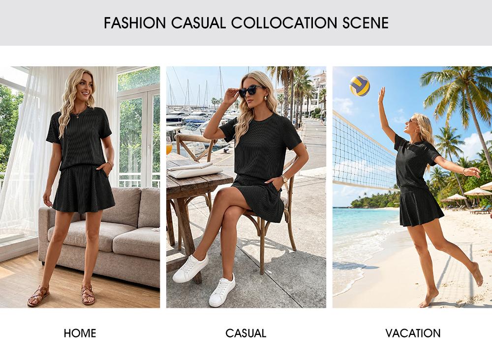 EVALESS Women's 2 Piece Sets Ribbed Knit Short Sleeve Tops & Lined Pleated Mini Skirt Lounge Sets Comfy Summer Outfits Soft Tracksuit Basic Womenswear - Casual