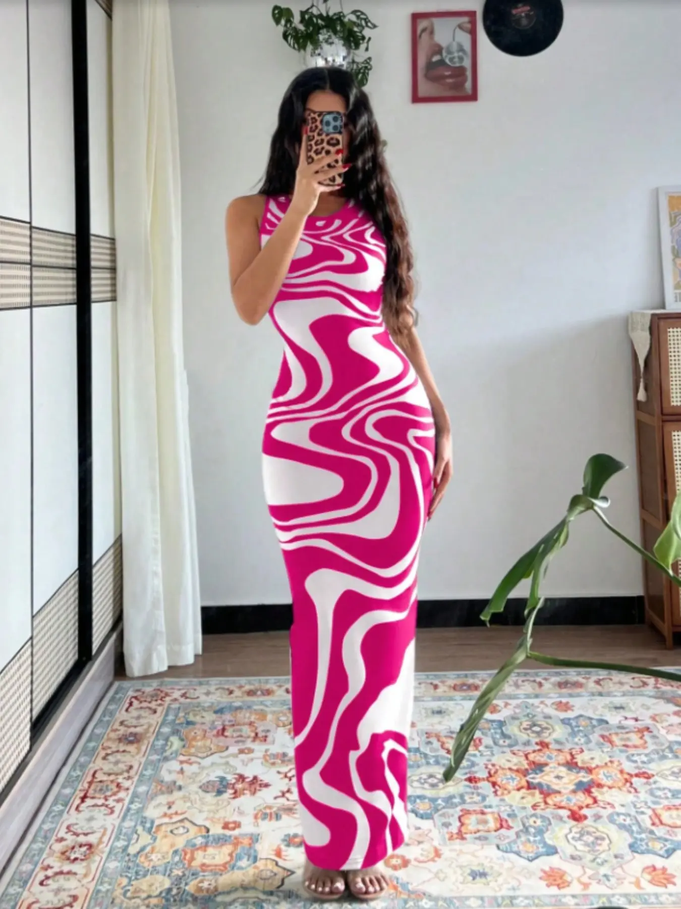 Women's Tie Dye Print Fitted Slim Dress, Elegant Summer Long Sleeve Dress, Ladies' Fashionable Clothing, Perfect for Daily Wear, Bodycon Stretch Dress