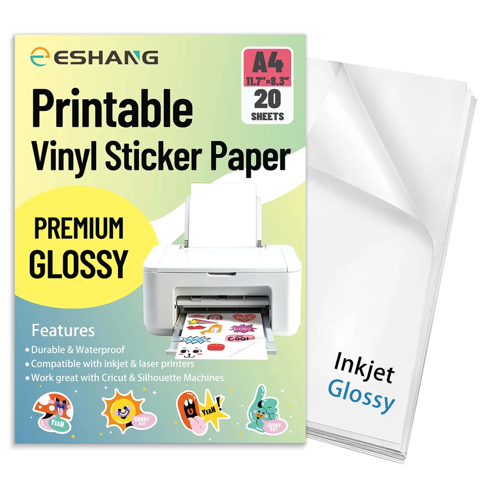 ESHANG 20 Sheets Glossy Vinyl Sticker Paper, Vinyl Stickers Pack, A4 Size 8.3x11.7 Inches, Inkjet Printer Compatible, Self-Adhesive & Waterproof, Perfect for DIY Projects, DIY Decal Film, Adhesive Decals, Self Adhesive Stickers