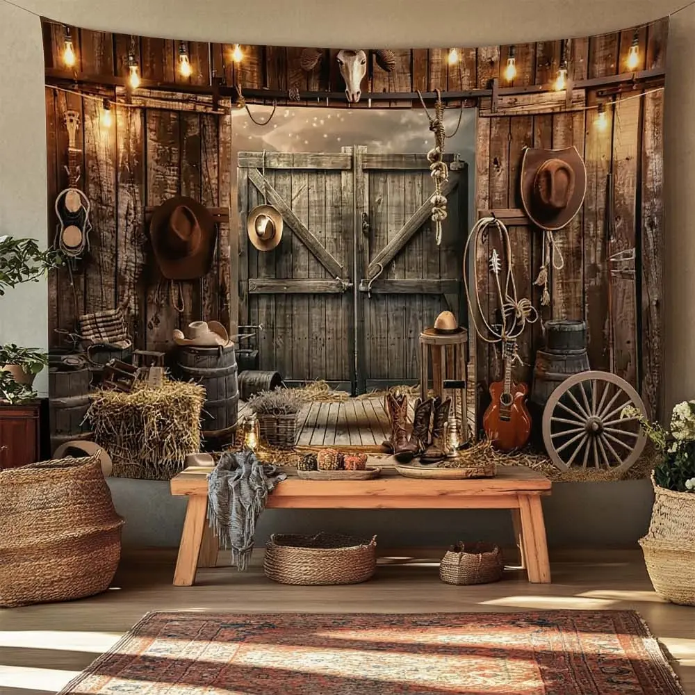Western Cowboy Motif Wall Tapestry - Rustic Polyester Hanging Art with Bold Visuals, Machine Washable Indoor Decor for Living Room, Home Interior Design