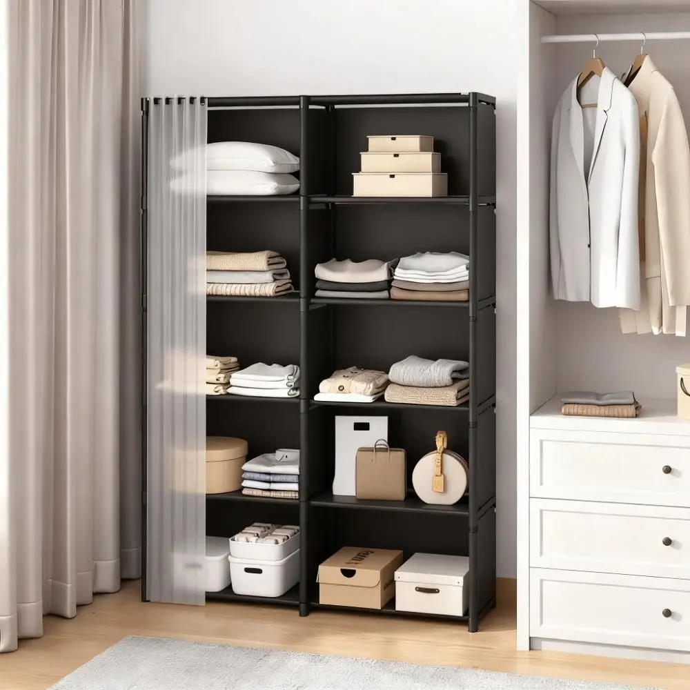 Multifunctional Modern Storage Cabinet, Standing Pedestal Cabinet, Freestanding cabinet, Metal & Plastic Material with Dust Cover, Ideal for Clothes, Shoes, Small Items, Clothing Storage Cabinets /