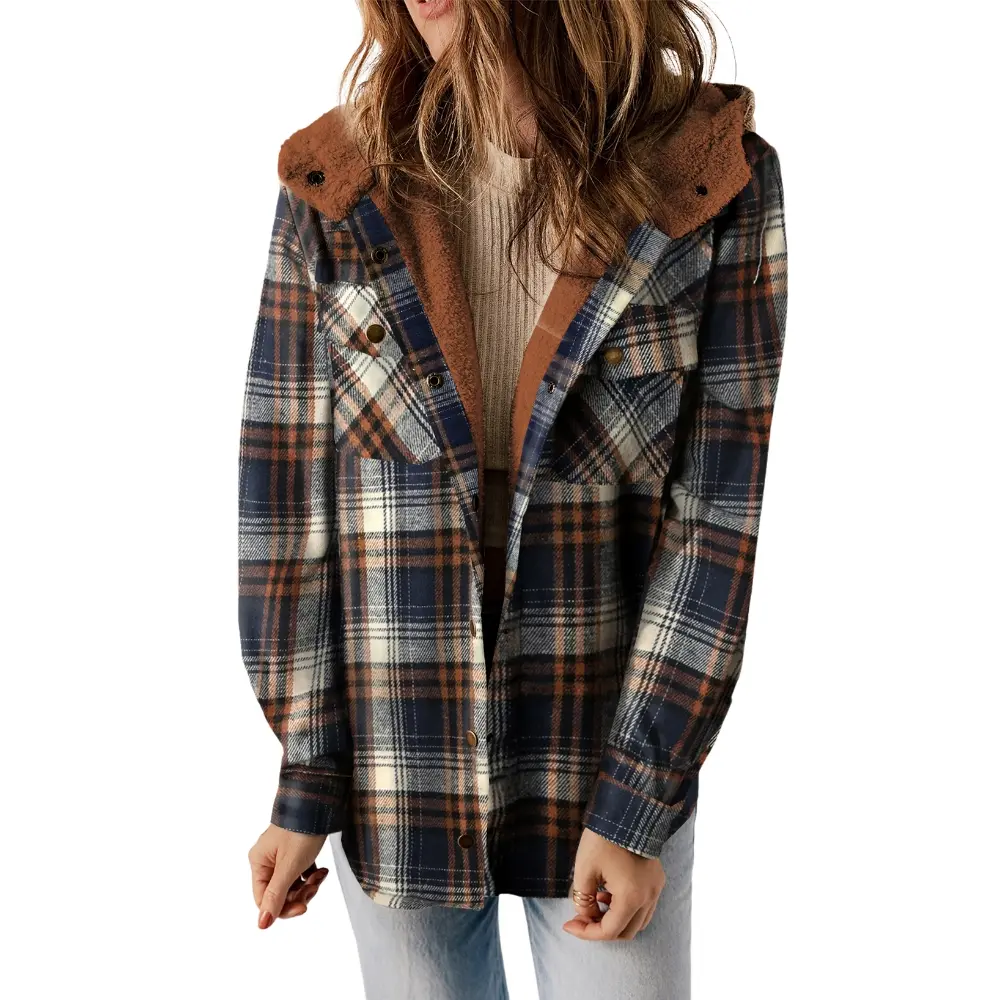 Dokotoo Womens Plaid Shacket Jacket Warm Fleece Hooded Jackets Winter Coats Winter Clothing for Women Casual Long Sleeve Sherpa Lined Fleece Fur Button Down Thick Fluffy Flannel Shirts Pockets