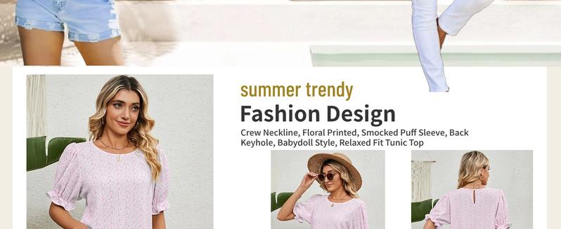 ZEAGOO Womens Blouses Dressy Casual Spring Floral Print Crewneck Smocked Puff Short Sleeve Shirts Springtok