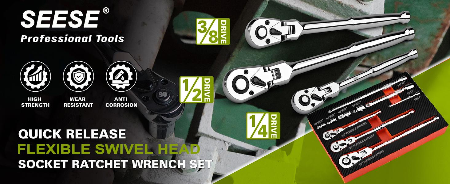 SEESE 10 Piece Flex Head Ratchet Set, 1/4", 3/8" and 1/2" Drive Swivel Head Ratchet Wrench with Extension Bar and 4pc Adapter, 72-Tooth Flexible Wrench Handle with Quick-Release Reversible Design
