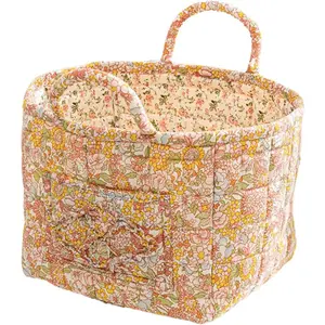 Quilted Fabric Storage Basket with Handles – Boho Foldable Floral Organizer Bin for Home, Picnic, Shopping, Travel 13"x11"x10" (Rose Cream)