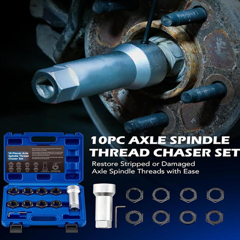 【TikTokShopBlackFriday】Axle Spindle Rethreading Kit,10 Piece Precision Restorer Master Repair Kit, Essential Tool for Mechanics - Includes Thread File and Axle Spindle Thread Chaser Set