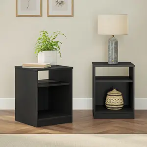 Mainstays Open Shelf Nightstand Set of 2 Black – Modern Minimalist Bedroom Side Tables, Easy Assembly Storage Nightstands with 2-Tier Open Display Shelves
