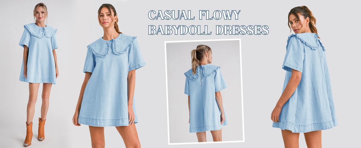 Imily Bela Womens Summer Denim Mini Dress Oversized Peter Pan Collar Short Sleeve Casual Flowy Babydoll Jean Dresses