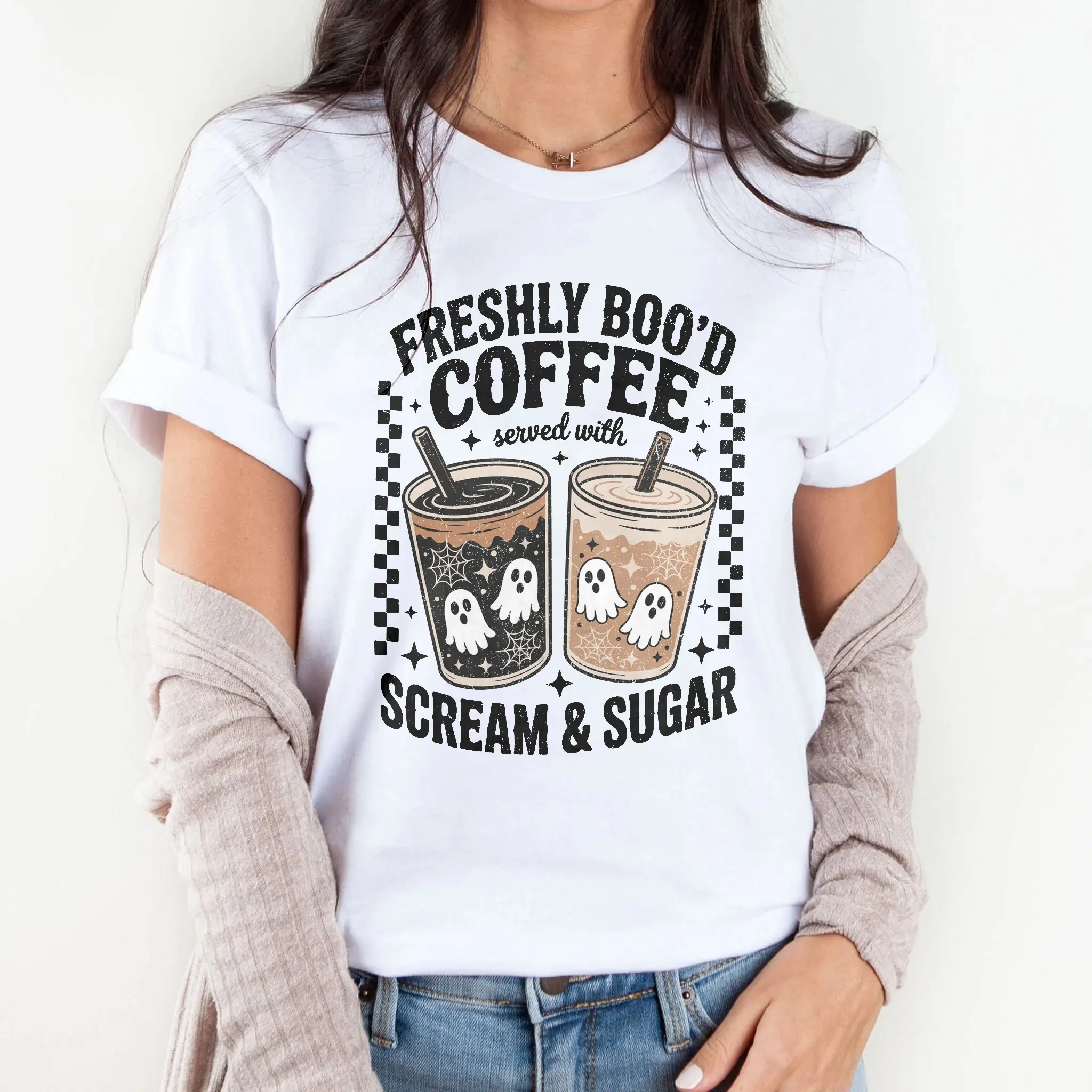 Women's Halloween Ghost Coffee Tee - Gildan G5000, Casual Basic Classic Shirt, Cold Wash Hang Dry Funny Boo Top