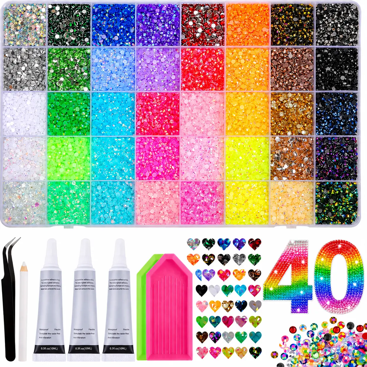 Halloween Fall Gift 50000 Pcs Resin Jelly Rhinestones for Bedazzling Kit, 40 Colors | 3mm Flatback Rhinestones, Bedazzler Kit with 3 Pcs B7000 Jewelry tubes & Tools, Bedazzling Gems for DIY Arts, Nail & Crafting