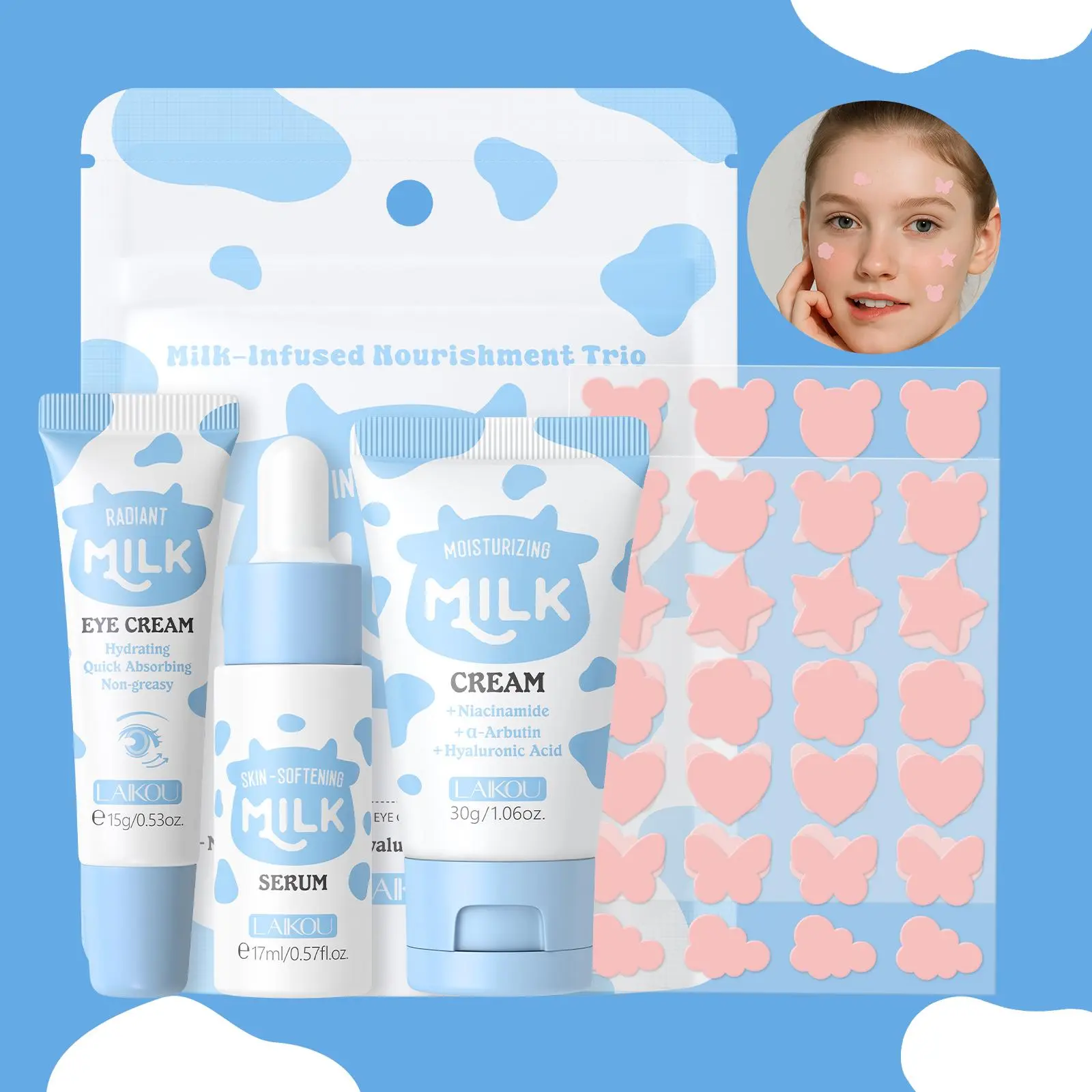 Milk Skincare Set, Moisturizing Facial Skincare Set, Hydrating Set, Glowing Skin Set, Including Facial Serum, Eye Cream, Moisturizer, Acne Patches, Hyperpigmentation Care Set, Niacinamide, Hydration Barrier Set
