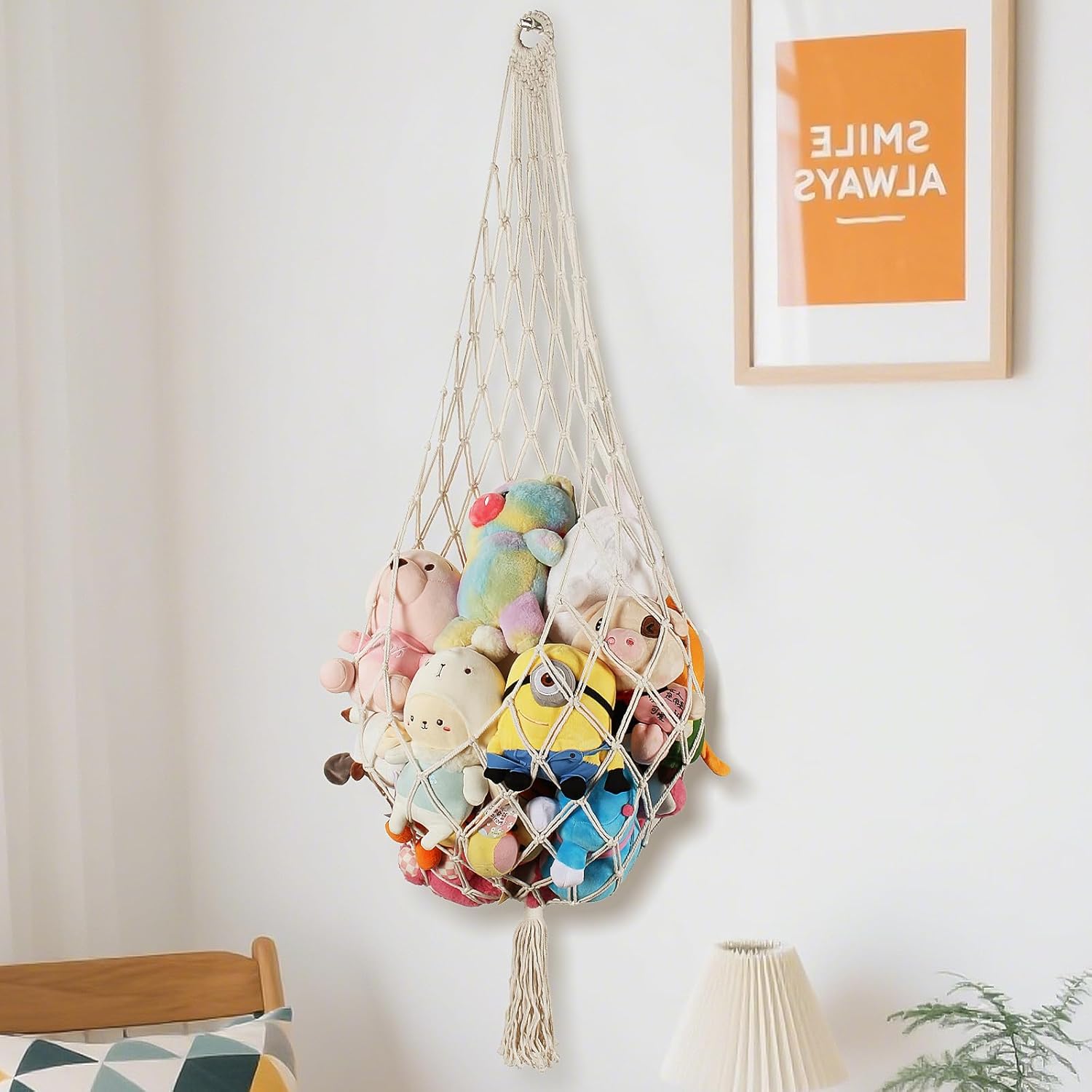 Stuffed Animal Storage Organizers Corner Hanging Net Stuffy Animal Hammock Macrame Toy Display Plush Toy Holder Wall, Kid Bedroom Decor Boho Nursery Playroom Organizer (Cream)