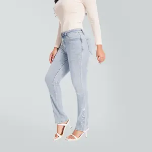 Flora BlueMoment Mid Waist Embroidered Hem Stretchy Jeans Women Straight Leg Casual Denim Pants