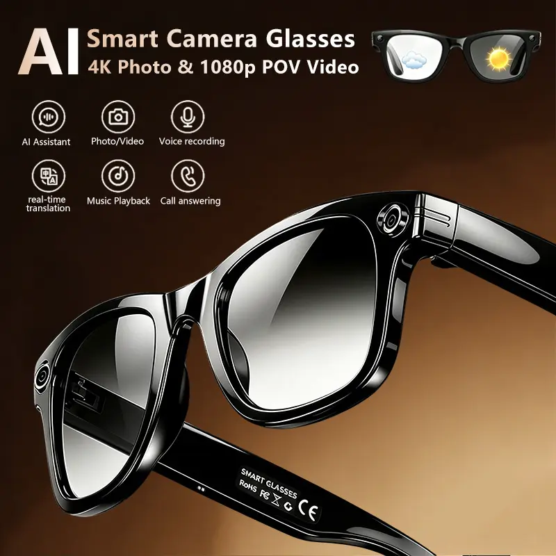 AI Smart Glasses with 10MP Camera & Voice Assistant – Hands-Free 1080P Video, 4K Photos, Real-Time Translation, Bluetooth Music, Photochromic Lenses, Open-Ear Audio – Rechargeable for Outdoor Travel