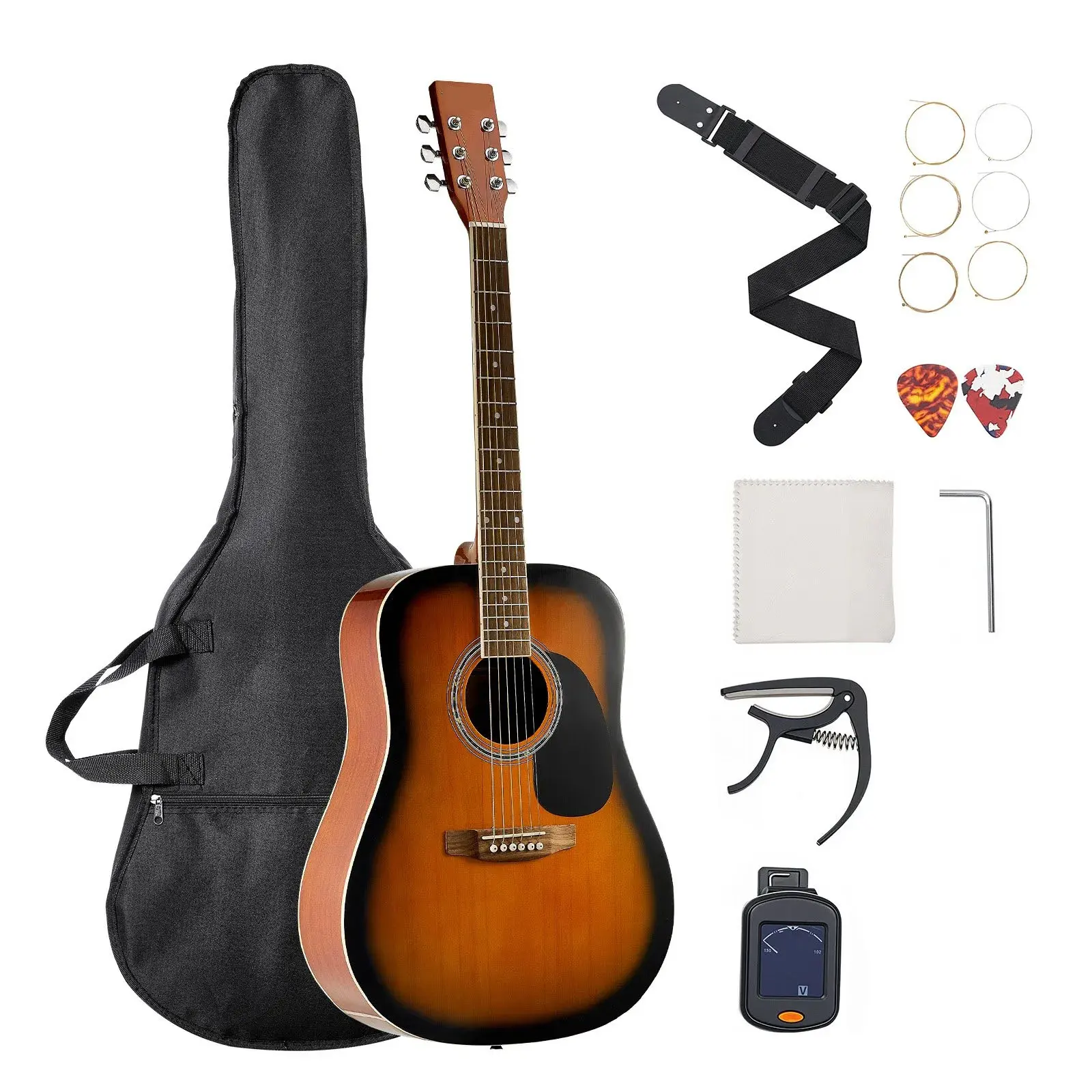 41-Inch Sunburst Dreadnought Solid Wood Acoustic Guitar Bundle - Solid Spruce Top, Mahogany Back, Rosewood Fingerboard, Beginner Kit with Gig Bag, Tuner, Strap, Strings, Picks, Capo, Ergonomic Design for Adults