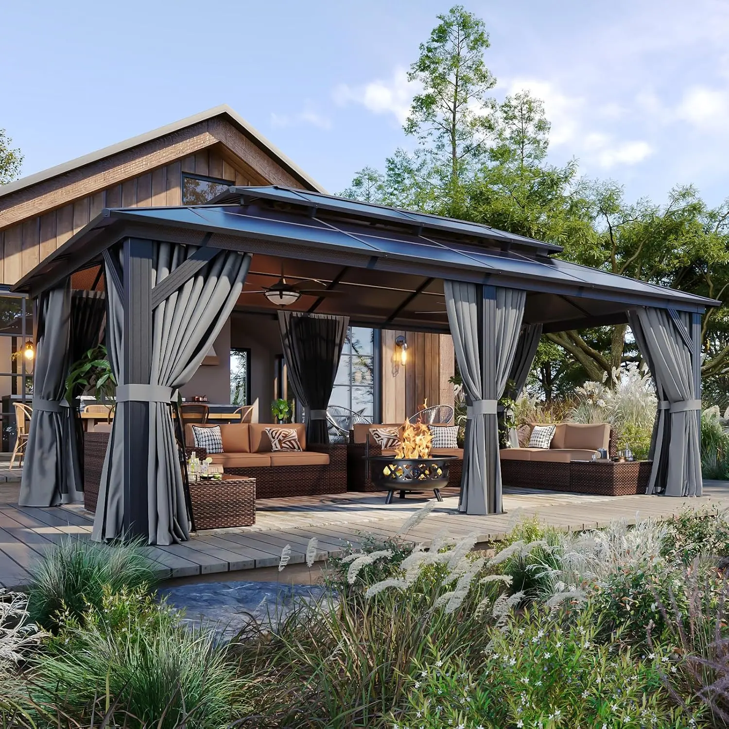 Aoxun Permanent Hard Top Gazebo (10'x14/12'x20') - Modern Aluminum Metal Frame Canopy, Vented Double Wall Polycarbonate Roof, Polyester Curtains, Mosquito Netting, Brown&Gray Outdoor Patio Structure for Backyard Lawn Family Dinners, 2/4-Package Shipping,,