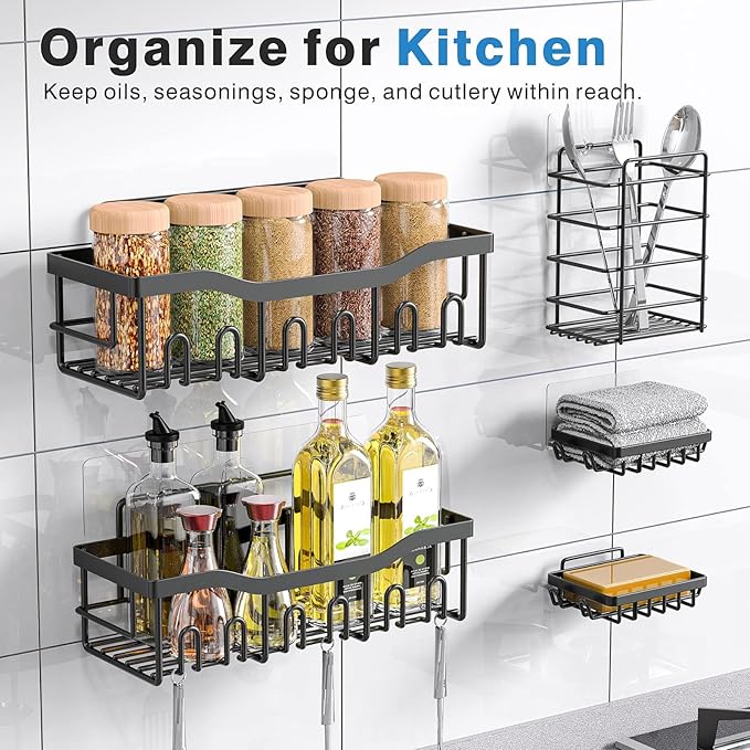 Rustproof Shower Caddy 5 Pack - Efficient Bathroom & Kitchen Storage with Shower Shelves, Durable & Easy to Clean, Black, Grey & Stainless Steel 3Pc-Black, Self-Adhesive Wall-Mounted Shower Caddy, Stainless Steel L-shaped