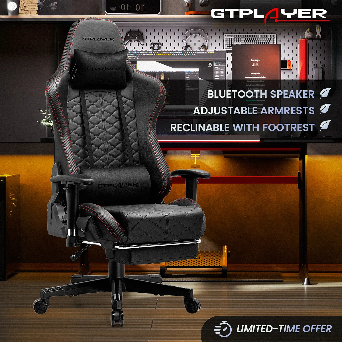 GTPLAYER Gaming Office Chair - High-Back Ergonomic Desk Chair with Bluetooth Speakers, Lumbar Support, Height Adjustment, Footrest, Comfy Seat, 330LBS Weight Capacity, Gaming Chair