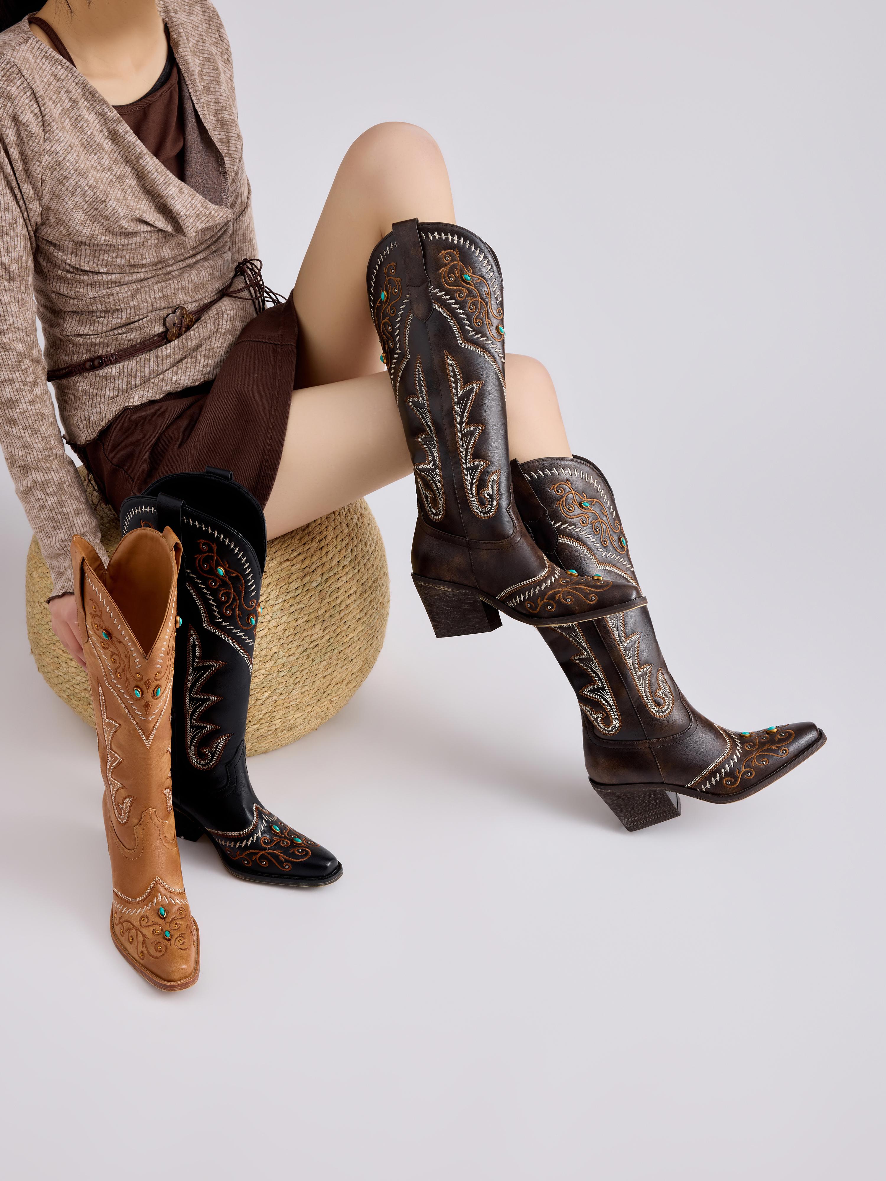 ReneChristine Women's Embroidery Western Cowboy Boots with Studs & Emerald Gemstones, Knee High Wide Calf Cowgirl Boots for Gatherings Weekend Hangouts Black Leather fur boots knee high boots boots for fall thigh high boots brown boots cowgirl boots Sprin
