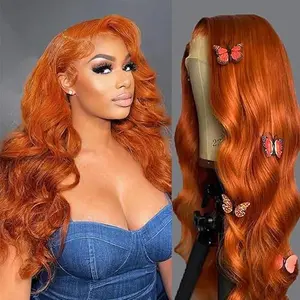 Ginger 13x6 HD Transparent Lace Front Wigs Human Hair Orange Colored Body Wave Lace Front Wig for Women 180% 350 Color Glueless Frontal Wig Free Part Realistic Looking 32 inch