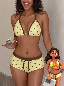HOT CURVE Women's Retro Yellow Polka Dot Print Contrast Color Bikini Swimsuit Set, Suitable For Outing/Birthday/Casual/Y2K/2000s/Millennium/Elegant/Vintage/Streetwear/Vacation/Beach Outfit