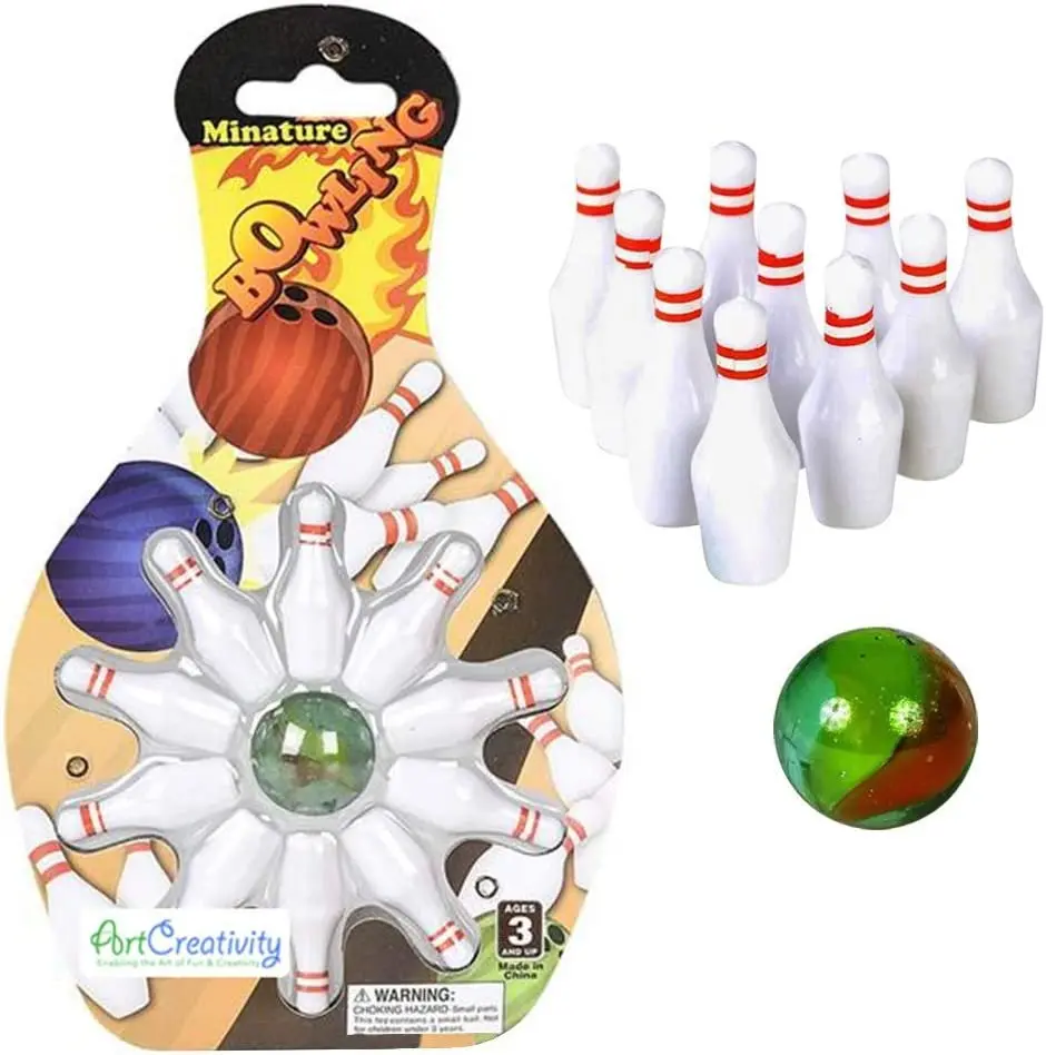 Mini Bowling Game, Set of 12, Each Set Includes 10 Miniature Pins and 1 Marble Bowling Ball, Tabletop Bowling Sets for Kids and Adults, Party Favors, Goodie Bag Fillers, and Small Prizes
