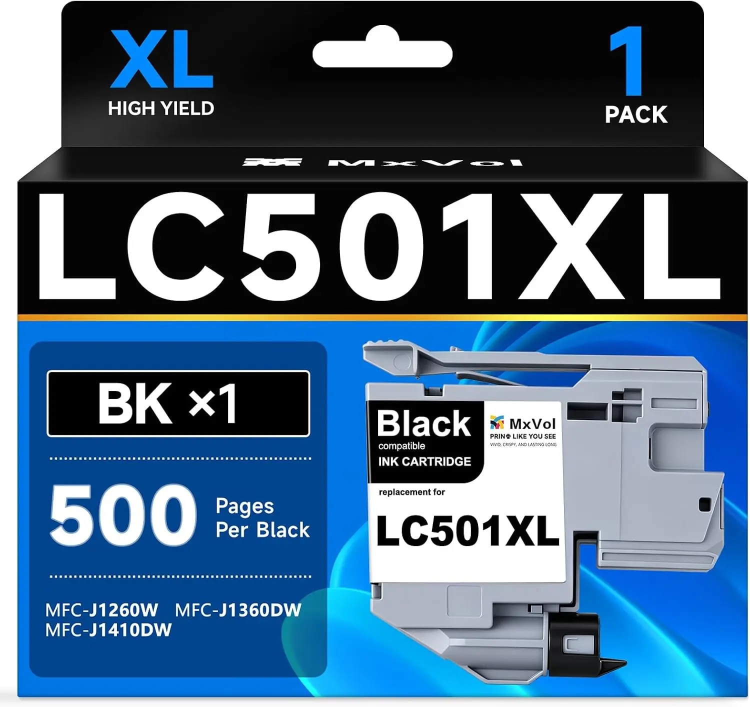 LC501XL Black Ink Cartridges Replacement for Brother MFC-J1360DW 1-Pack | Compatible for Brother MFC-J1360DW MFC-J1410DW MFC-J1260W Series Printers, High Yield, 500 Pages for each LC501XL Black Ink