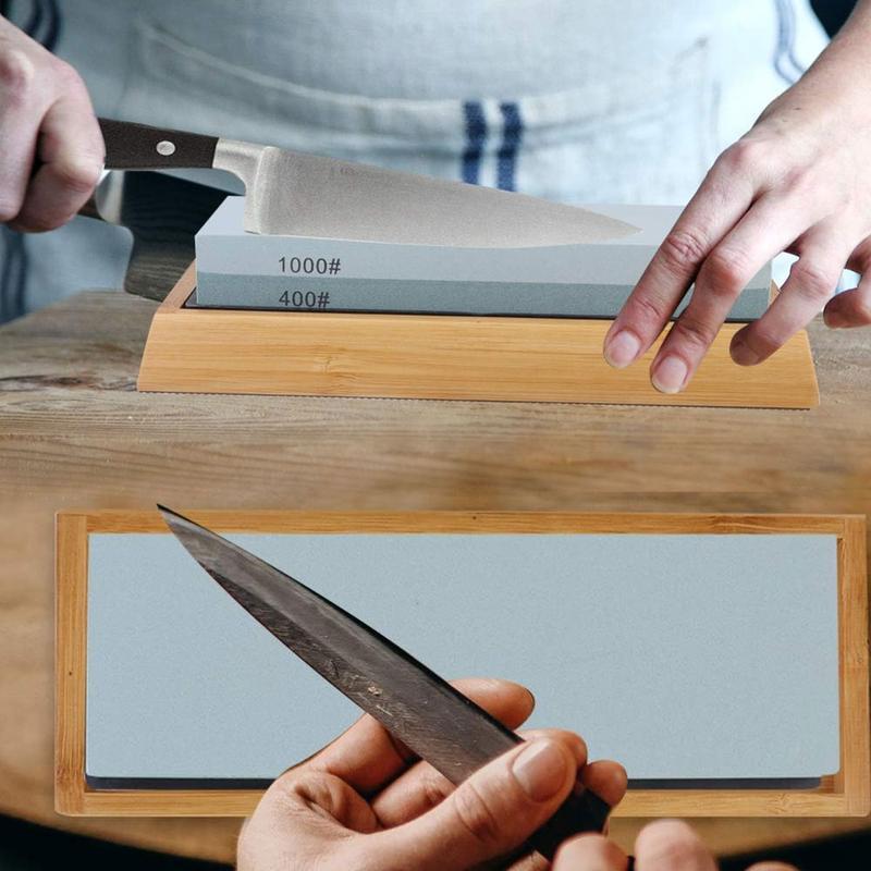 【Black Friday】Knife Sharpening Stone Set, Whetstone，Knife Sharpener Stone Set 4 Side Grit 400/1000 3000/8000, Professional Include Non-Slip Bamboo Base, Leather Strop, Flattening Stone & Angle Guide kitchen sharpener angle guide