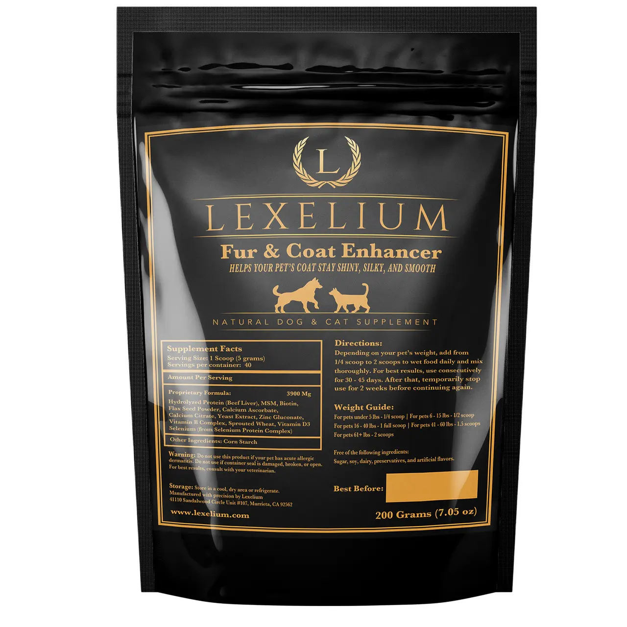 Lexelium Fur & Coat Enhancer Supplement for Dogs & Cats | Biotin, MSM, Omega-3, Flax Seed, Zinc & Vitamin B Complex | Supports Healthy Skin & Coat – 200g