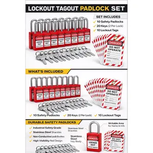 Lockout Tagout Locks Set-10 Red Safety Padlocks, 2 Keys Per Lock, with 10 Tags
