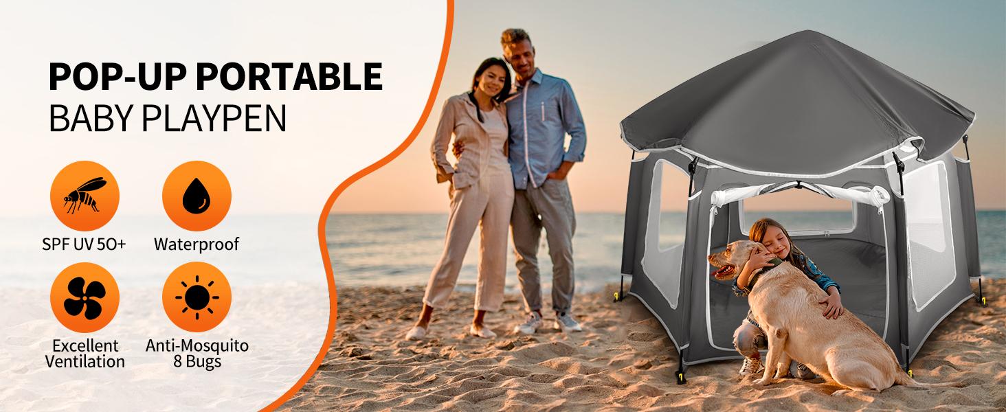 Pop-Up Portable Baby Playpen with UV Canopy, Waterproof Outdoor & Indoor Play Tent, Breathable Mesh Sides, Quick Setup Folding Baby Play Yard with Carry Bag & Stakes 59"/63“