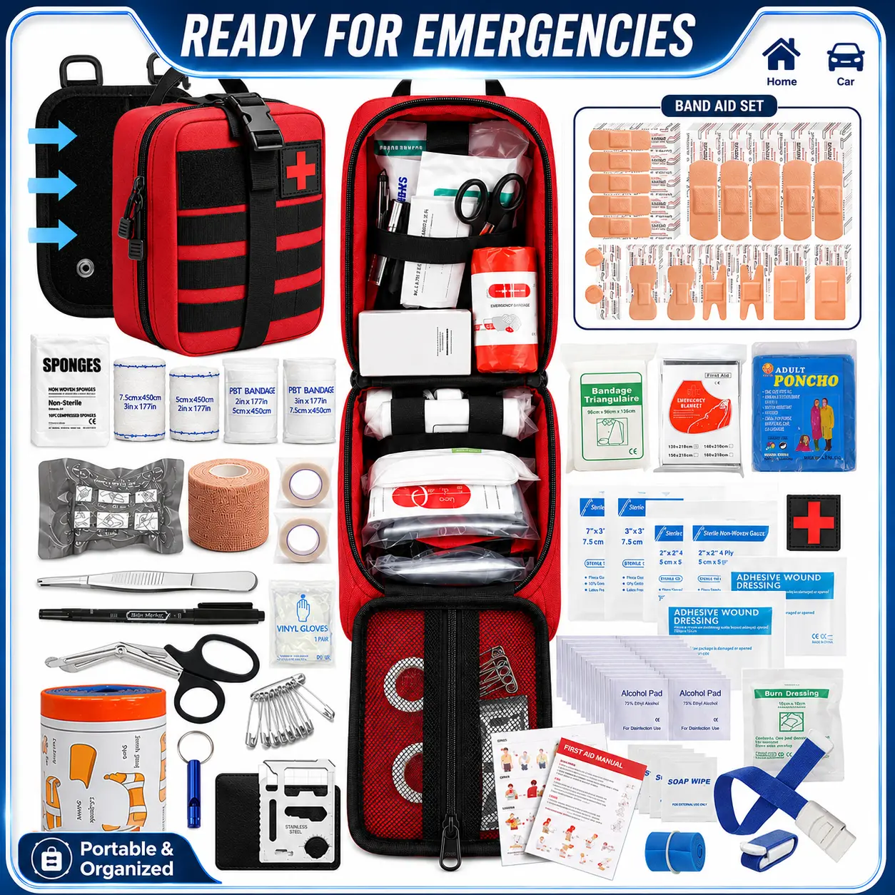 379PCS Tactical Roadside Emergency Car Kit with MOLLE Survival Supplies Bag, Small Travel Medical Pack, Bandages, Gauze Pads, Splint, Blanket, Scissors, Whistle & More for Camping, Road Trips, Cleaning Needs