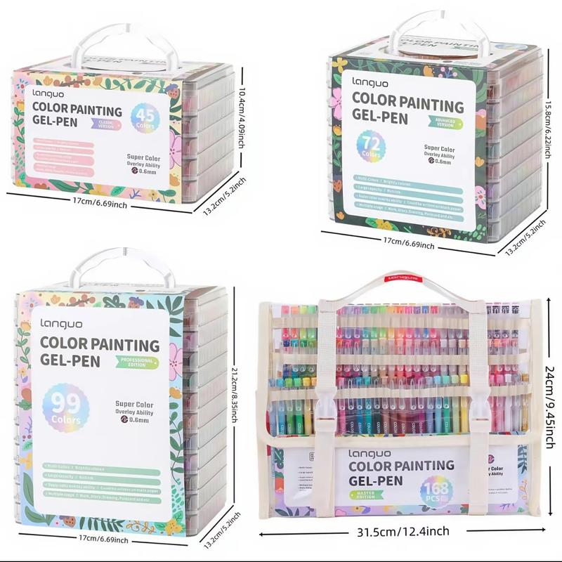 Vibrant gel pen sets (45/72/99/168 pens) with case. Perfect for diaries, cards, DIY, drawing, graffiti, scrapbooking—versatile art supplies.
