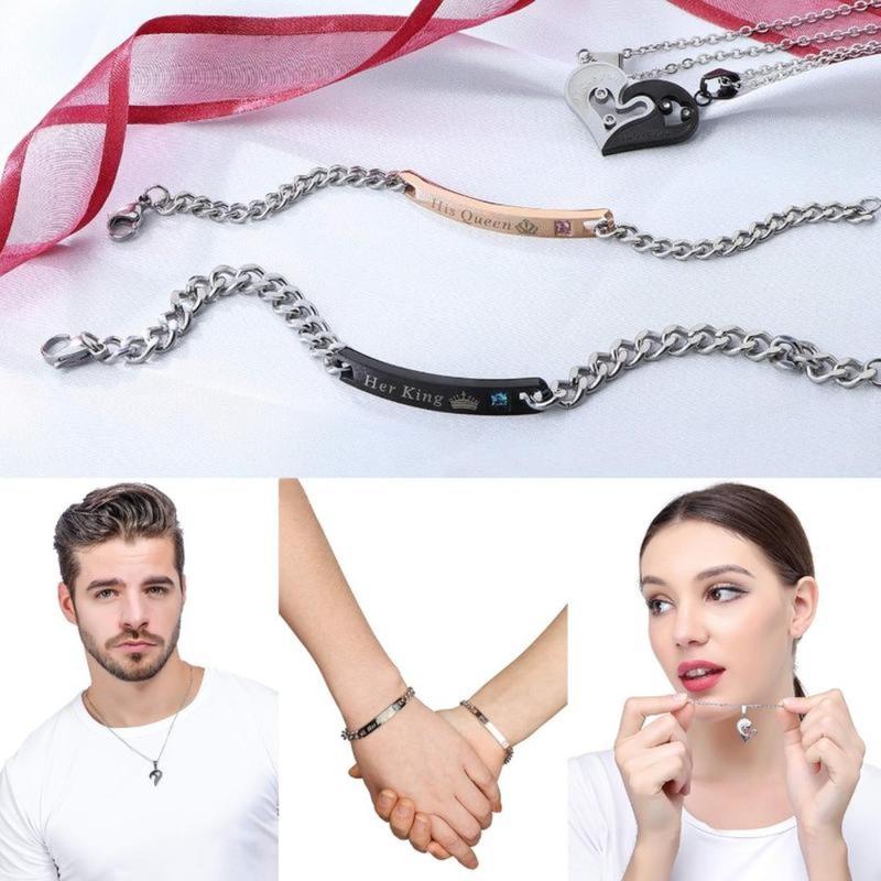 4Pcs Matching Heart Necklace And Bracelet Set for Couples Daily Wear Jewelry Set with Symbolic Pendants Coordinated Design for Men Women