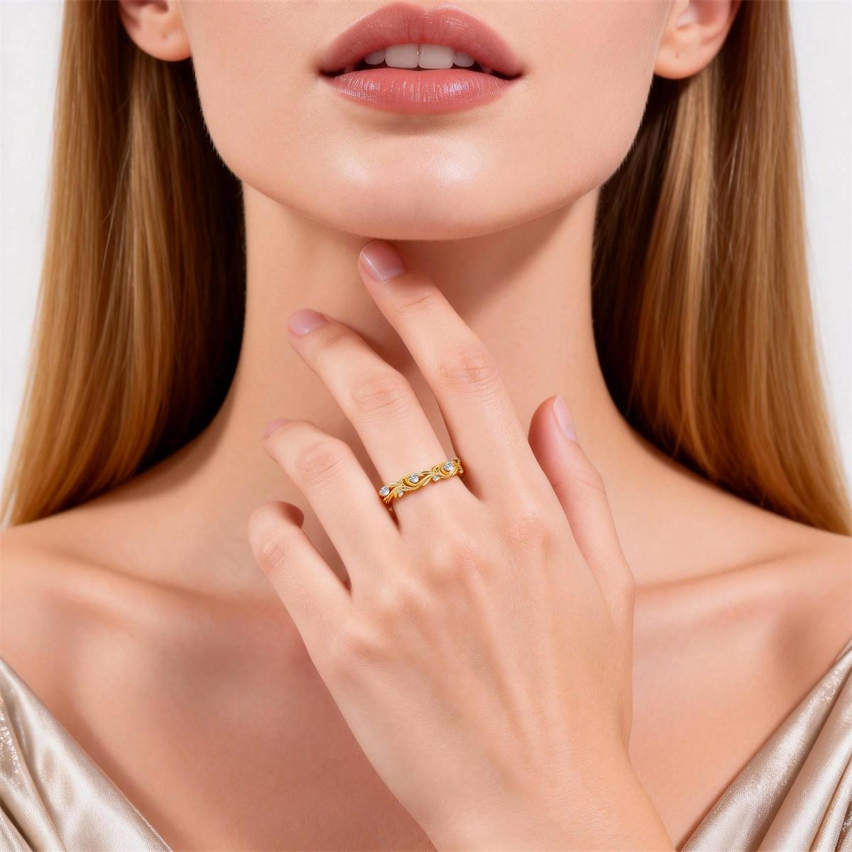 Delzzad Golden Vine Eternity Ring Floral Band Engagement Ring Synthetic Moissanite Band Ring Jewelry S925/Copper Band Perfect Birthday Engagement Wedding Anniversary Christmas Gift