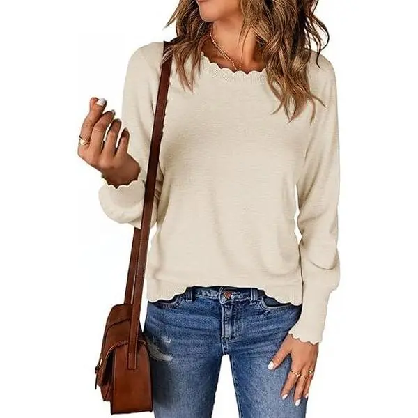 Cicy Bell Women’s Crew Neck Long Sleeve Sweater Trendy Casual Scallop Trim Fall Knit Lightweight Pullover Tops