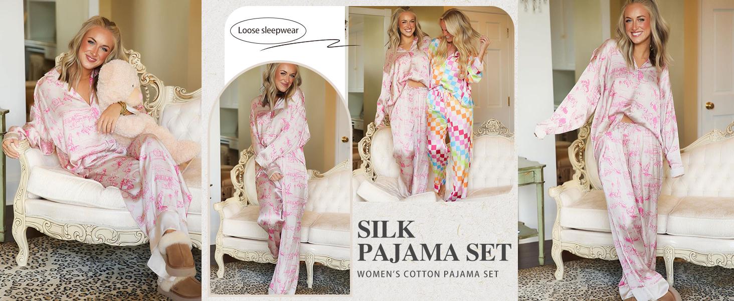Yimoon  2 Piece Satin Pajama Set for Women Silk Pajamas Set  Floral Pj Set Long Sleeve Button Down Pjs Sleepwear