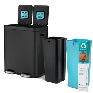 Home Zone Living 16 Gallon Stainless Steel Kitchen Trash and Recycling Can with CleanAura Odor Control and Soft Close Lids, Black