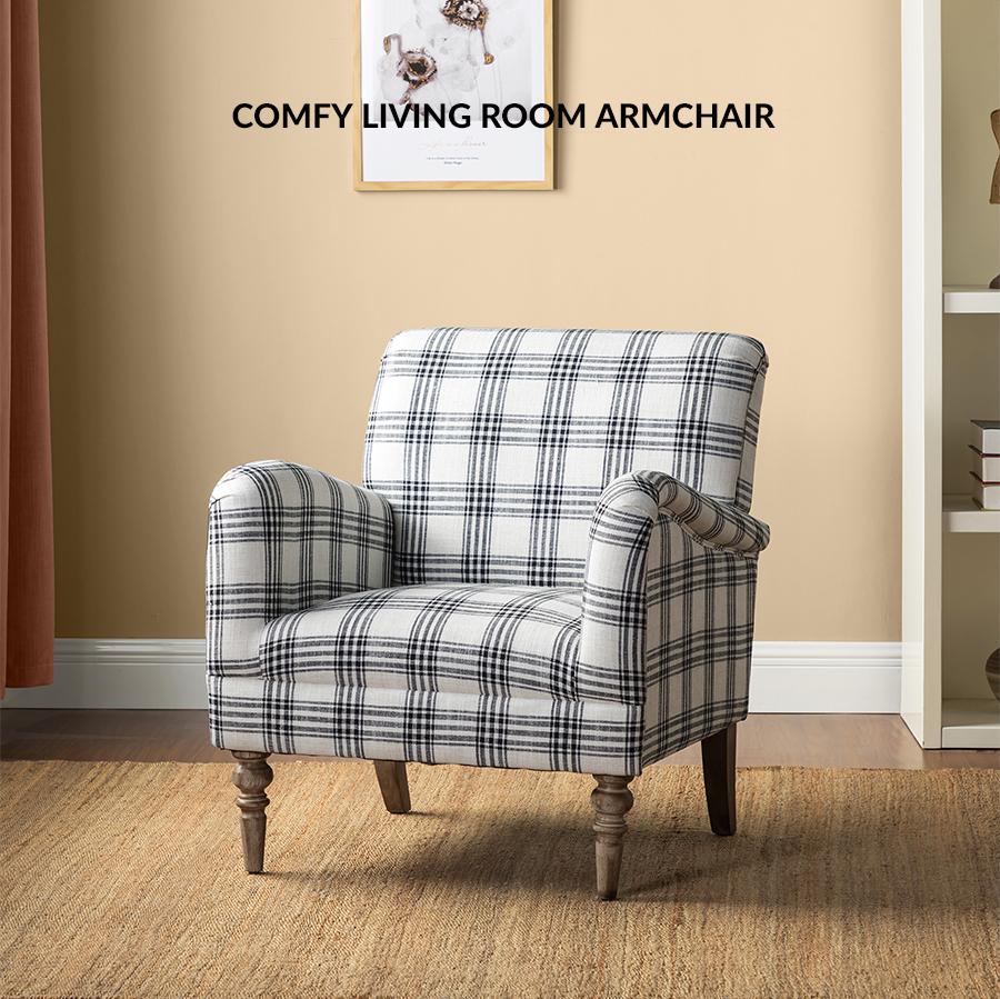 HULALA HOME Sadie Plaid Armchair Modern Accent Upholstered Chair with Solid Wood Legs for Living Room Bedroom Studio Comfy Armchair with High-Density Foam Filling and Tartan Pattern - Lounge