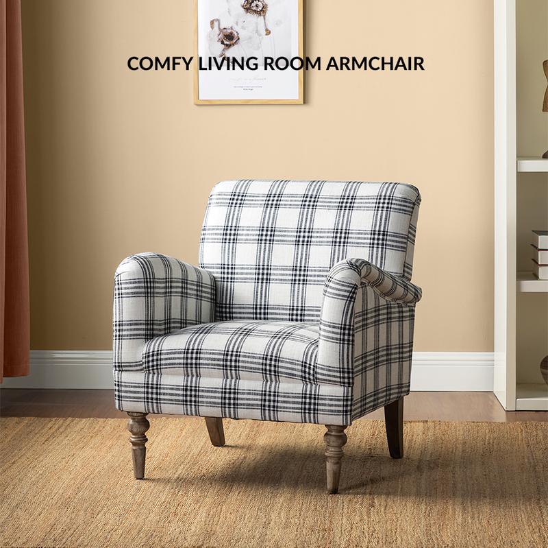 HULALA HOME Sadie Plaid Armchair Modern Accent Upholstered Chair with Solid Wood Legs for Living Room Bedroom Studio Comfy Armchair with High-Density Foam Filling and Tartan Pattern - Lounge
