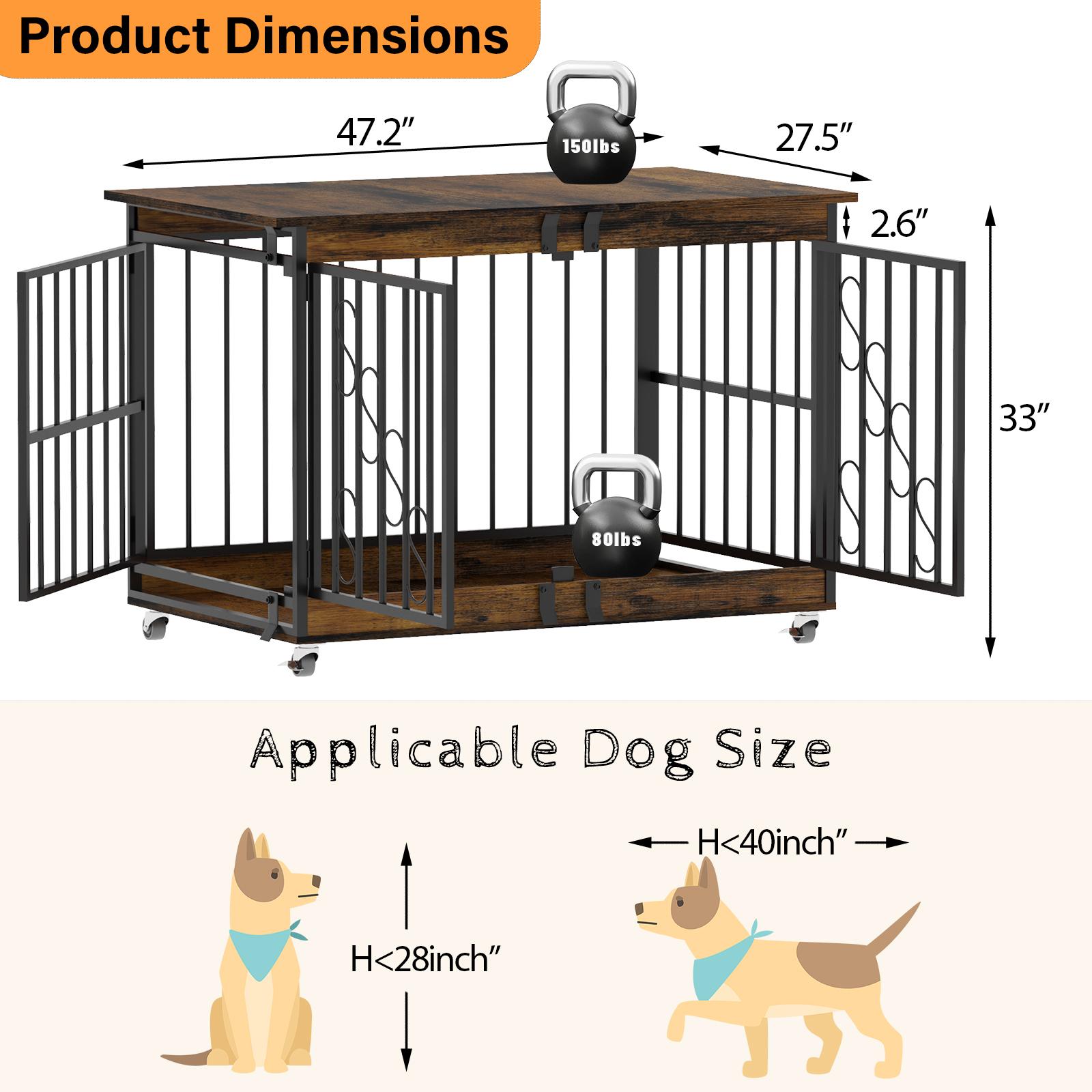 【SpringGlowUp】COZPAW Large Dog Crate Furniture, 48/52/71/78/86Inch Wooden Dog Kennel for XLarge Dogs, Heavy Duty Dogs Furniture Indoor Wire Dog Cage with Caster Wheels, Decorative Pet House End Table, Brown