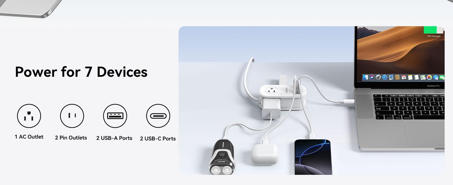 ORICO 7-in-1 Travel Power Strip, 3 AC Outlets + USB-C/USB-A Fast Charge (20W or 65W PD GaN), 4FT Wrapped Extension Cord, Flat Plug, Compact for Hotel, Dorm, Cruise, and MacBook/iPhone Devices - AP3 20W/65W