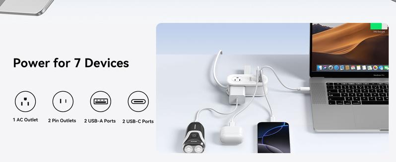 ORICO 7-in-1 Travel Power Strip, 3 AC Outlets + USB-C/USB-A Fast Charge (20W or 65W PD GaN), 4FT Wrapped Extension Cord, Flat Plug, Compact for Hotel, Dorm, Cruise, and MacBook/iPhone Devices - AP3 20W/65W