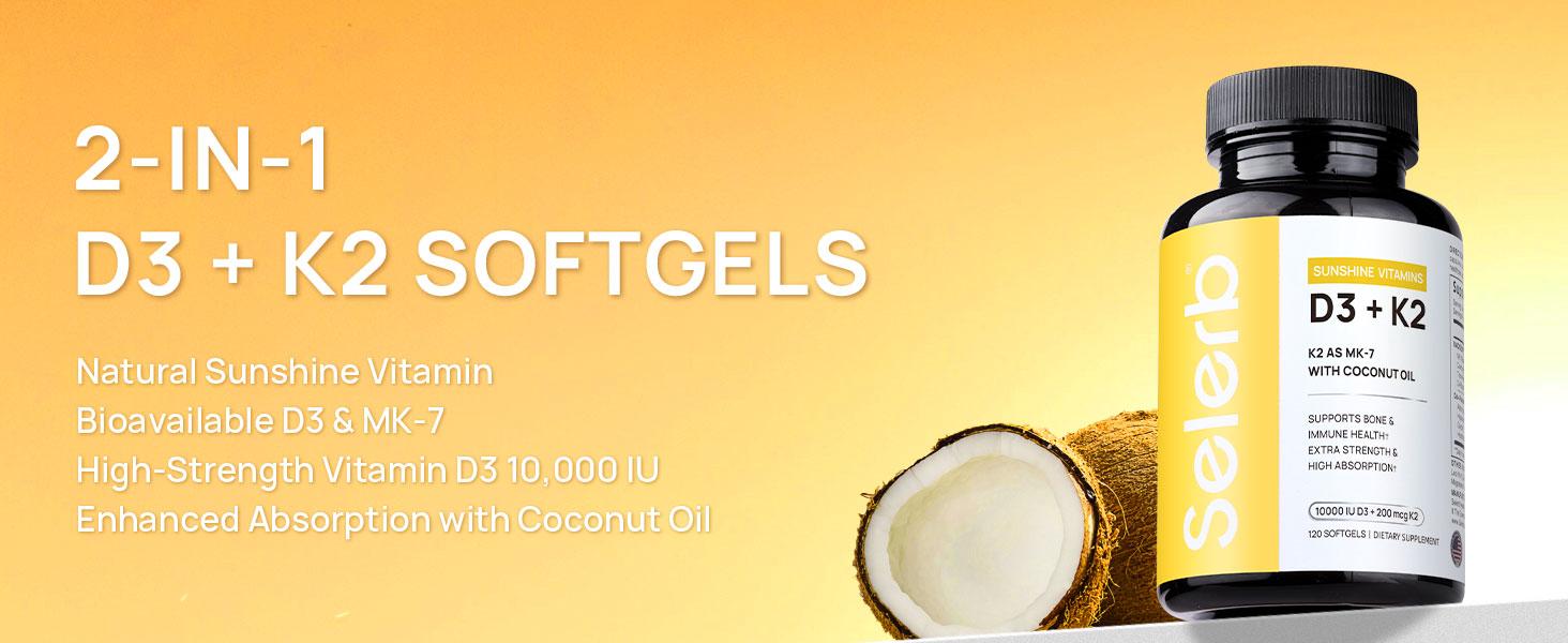 Selerb Vitamin D3 K2 – 10,000 IU D3 + 200 mcg MK-7 with Virgin Coconut Oil – Bone, Heart & Immune Support – 120 Softgels Healthcare Bathroom Calcium