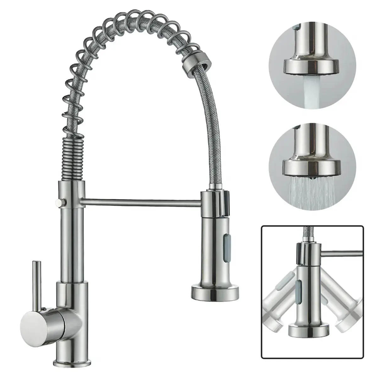 Modern Brushed Nickel High-Arc Spring Kitchen Sink Faucet - Pull-Down Swivel Spray, 360° Swivel Spout, 2 Water Modes, Single-Handle, Water-Saving, Steel&Plastic Valve Assembly (Includes Valve) for Residential Sinks, RV Farmhouses