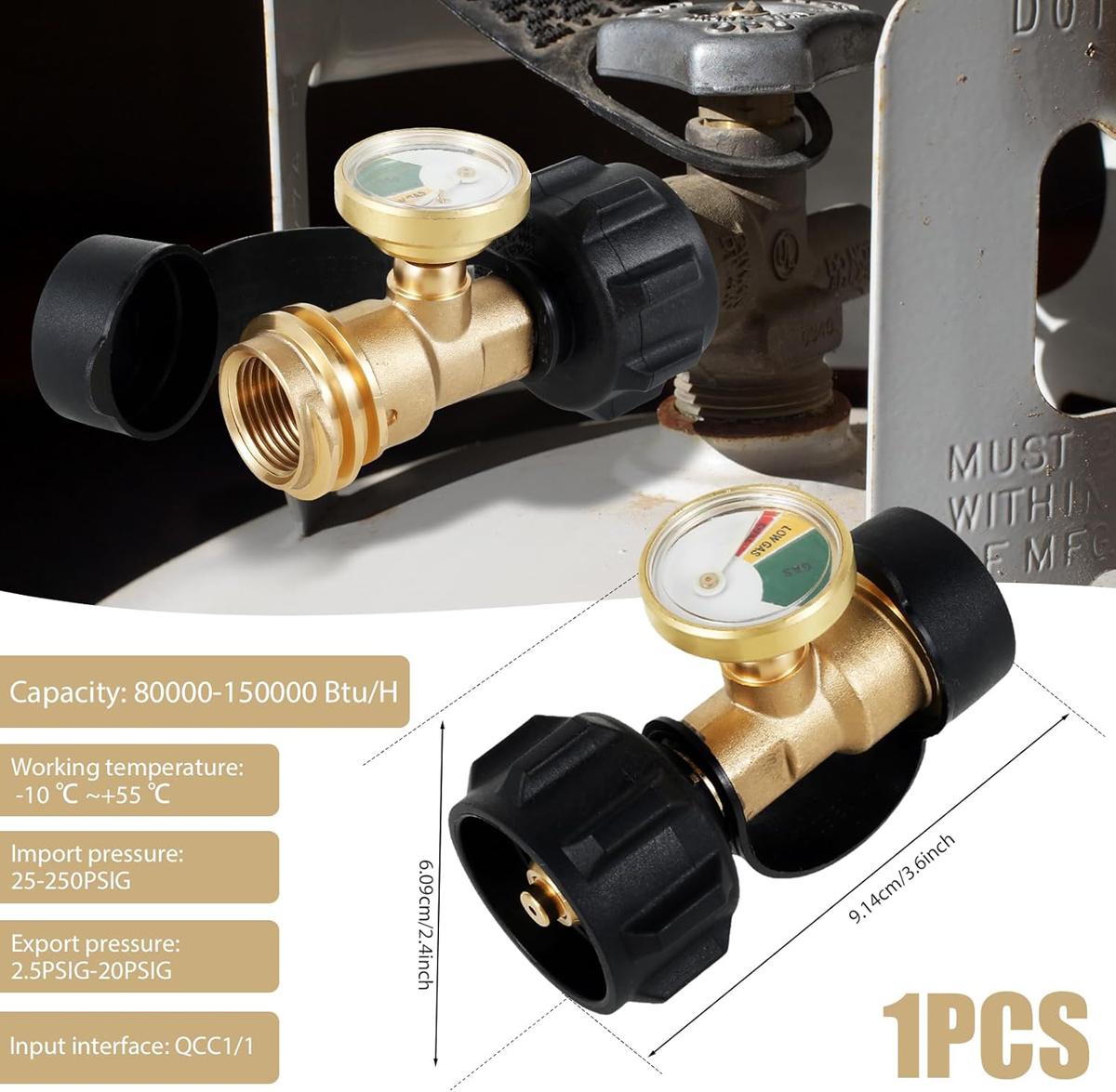 VAYWET 2Pcs / 1pc Propane Gas Adapter Connector, 5-40lb Tanks Universal Level Indicator High Pressure Camping Grill Pressure Gauge Propane Gas Tank Adapter On-off Control Valve Outdoor Kitchenware RV Camper Cylinder BBQ Gas Grill Heater QCC1
