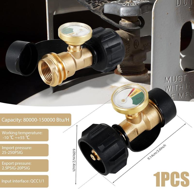 VAYWET Propane Gas Adapter Connector Universal Level Indicator 5-40lb Tanks, High Pressure Camping Grill Pressure Gauge, Propane Gas Tank Adapter On-off Control Valve Outdoor Kitchenware RV Camper Cylinder BBQ Gas Grill Heater QCC1/Type 1 Connection